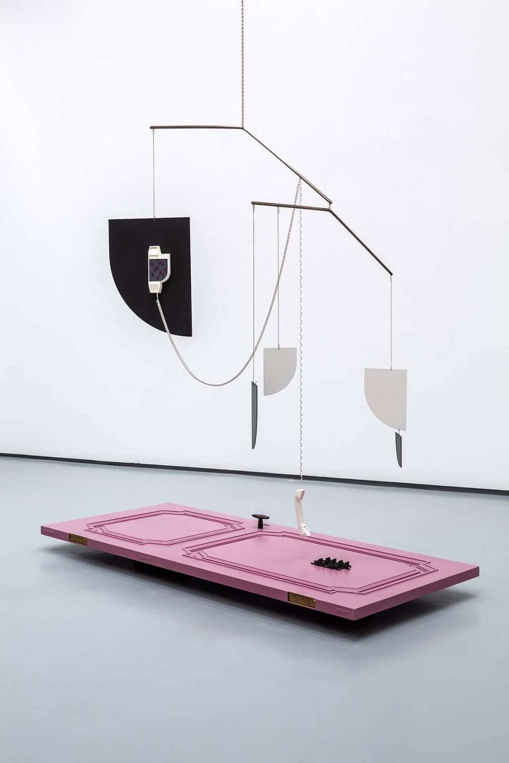 Martin Boyce, 'Long Distance Sleep Talking', painted wood, painted steel, bronze, acrylic on aluminium, brass, painted silicone, moulded vacuum cast resin & coiled telephone cable. Image Keith Hunter