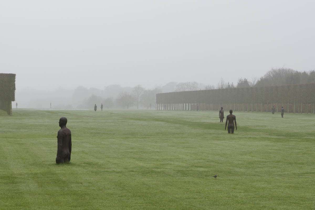 Antony Gormley, 'Time Horizon', 2006, cast iron, 100 elements, each 189 ×53 ×29 cm. Installation Houghton Hall, Norfolk, 2024. Image Theo Christelis