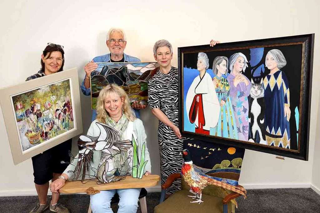 Artists in Perthshire Open Studios include (clockwise from top left): Maryann Ryves (painter and printmaker from Weem), John Anderson (stained glass artist from Dunfermline), Suzanne Clements (multi-media artist from Blairgowrie) and Lorna Radbourne (stained glass artist from Dunning). Image Colin Hattersley