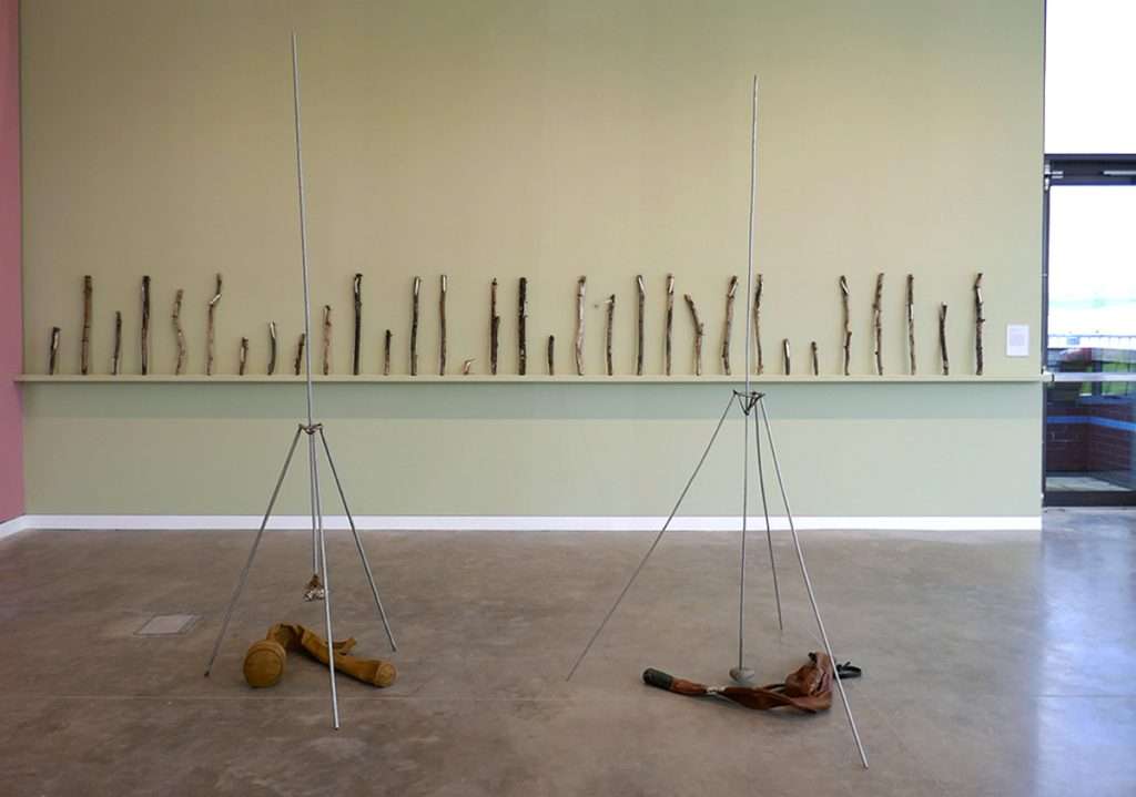George Wyllie, ‘Portable Spires I and II’ 1984, steel, stone, leather, and ‘Thirty-Two Spires for Hibernia’ 1994, wood, stone