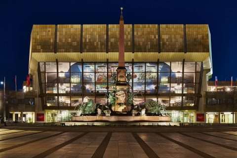 Radiating onto Augustusplatz, the Gewandhaus Hall’s vast interior mural, 'Gesang vom Leben' (Song of Life) by painter Sighard Gille is the largest contemporary painting of its kind in Europe. Image Punctum / Leipzig Travel.